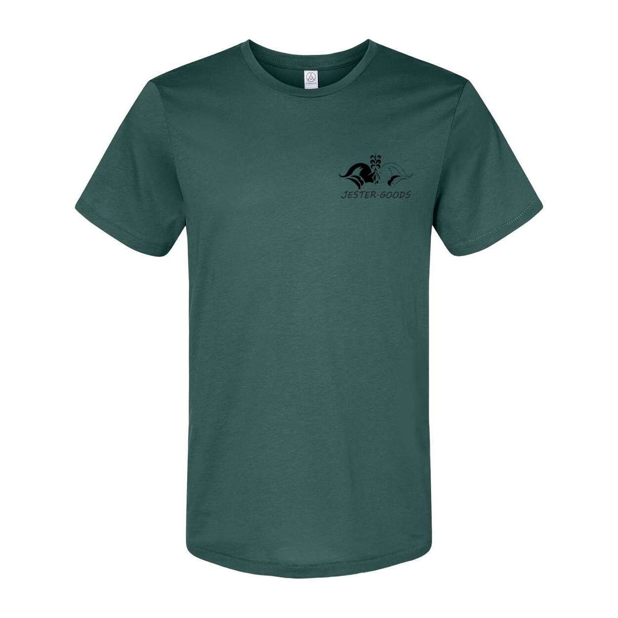 Jester Goods Logo and DE-NY-FEND-POSE Graphic Organic Crewneck Tee