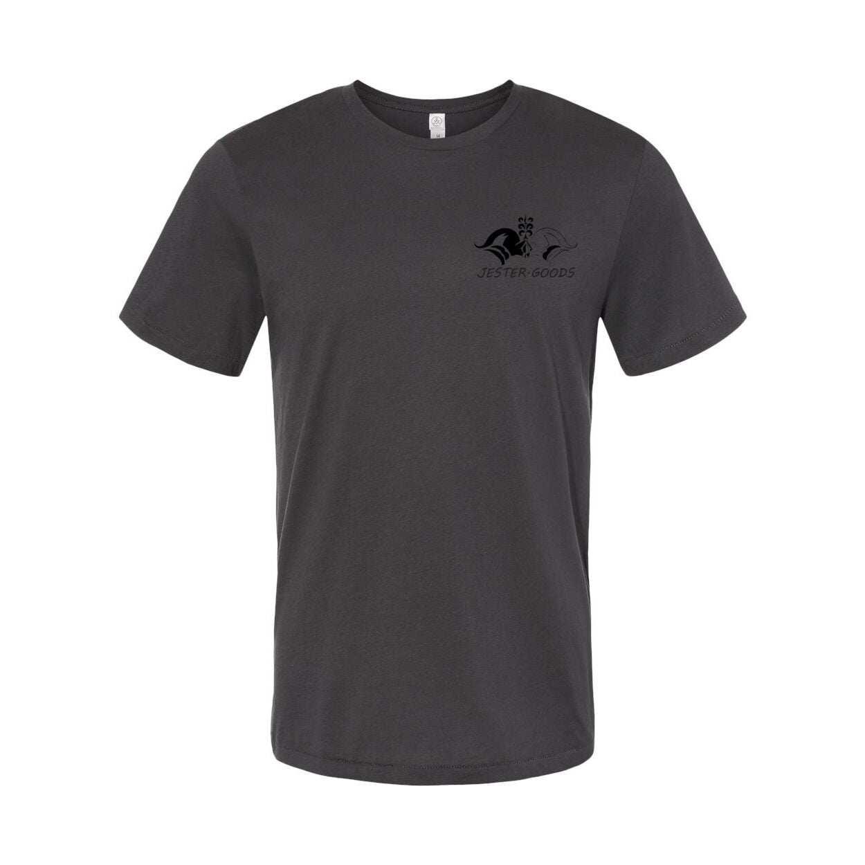 Jester Goods Logo and DE-NY-FEND-POSE Graphic Organic Crewneck Tee