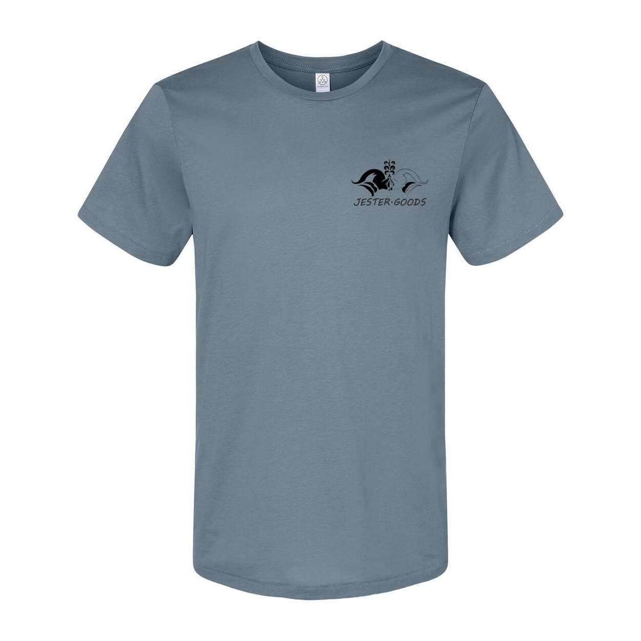Jester Goods Logo and DE-NY-FEND-POSE Graphic Organic Crewneck Tee