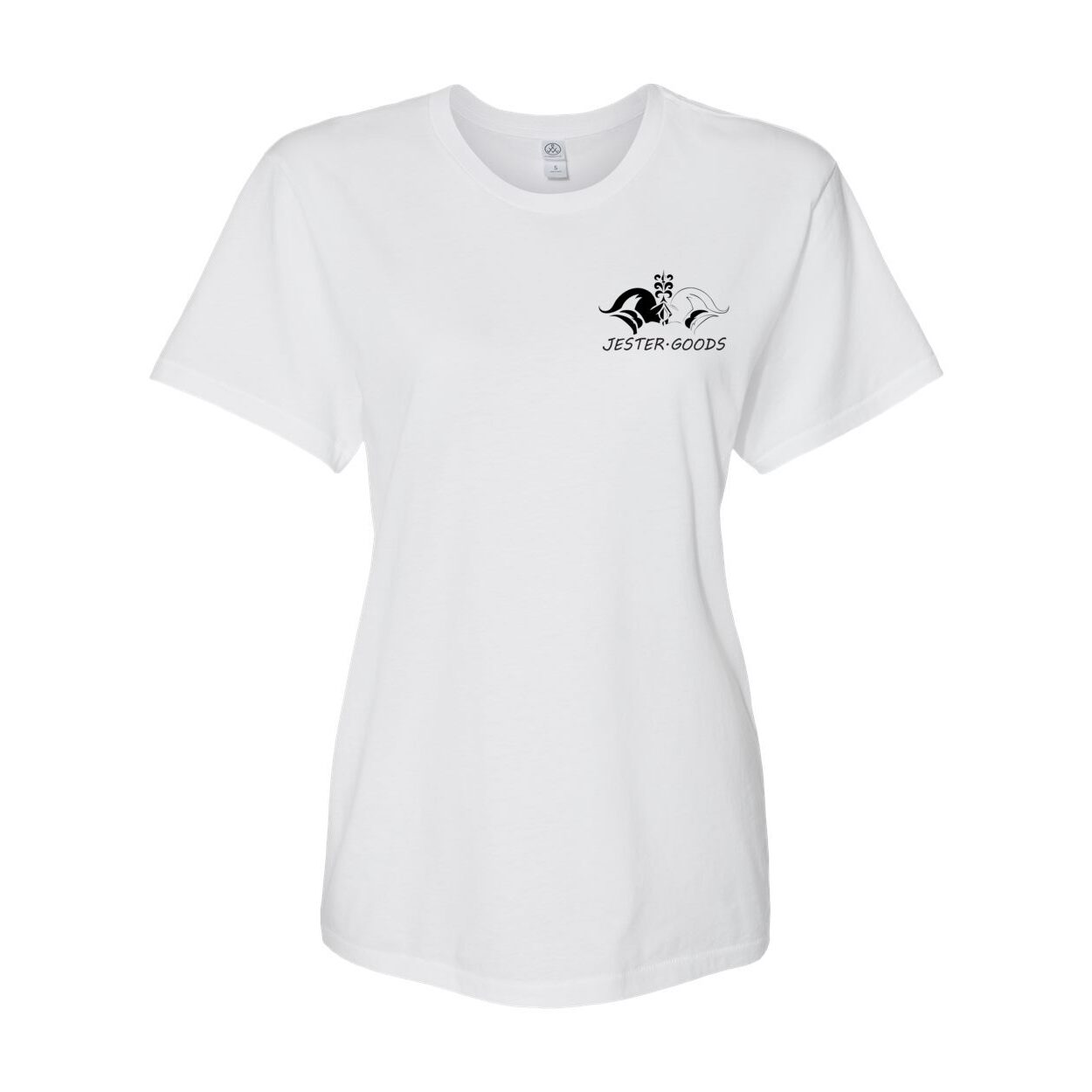 Jester Goods Logo and DE-NY-FEND-POSE Graphic Organic Crewneck Tee
