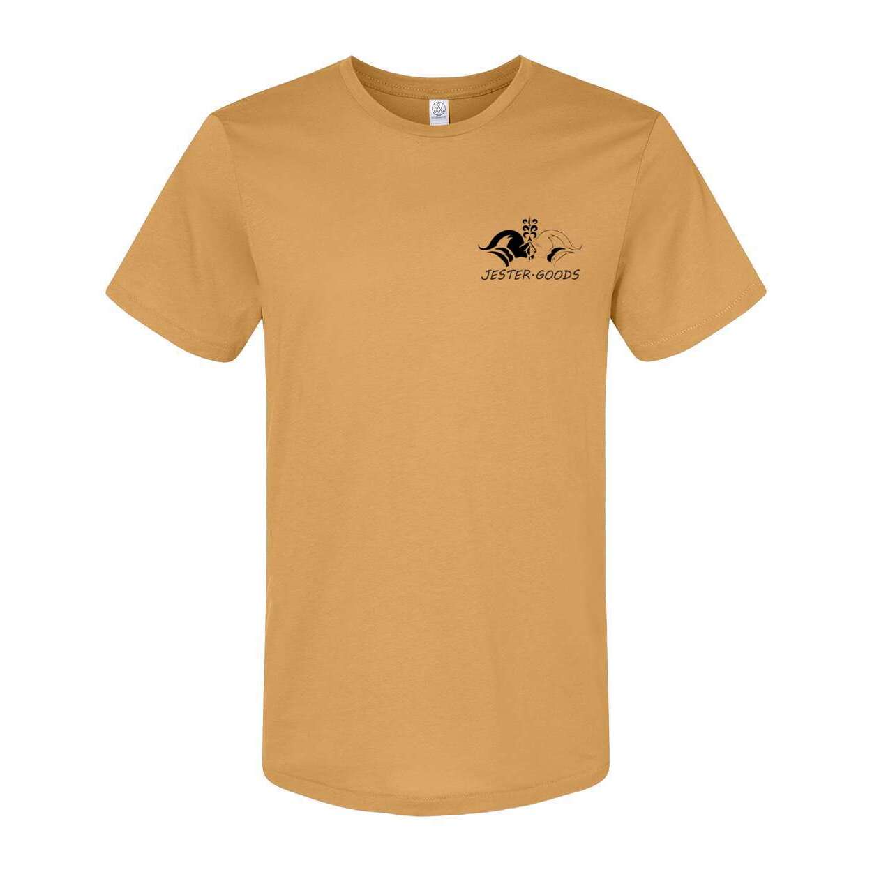 Jester Goods Logo and DE-NY-FEND-POSE Graphic Organic Crewneck Tee
